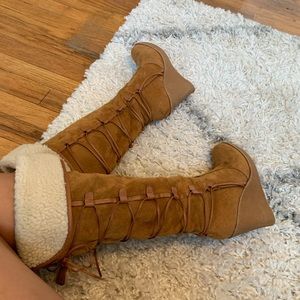 Faux Suede Tan Knee high boots lace up with fur